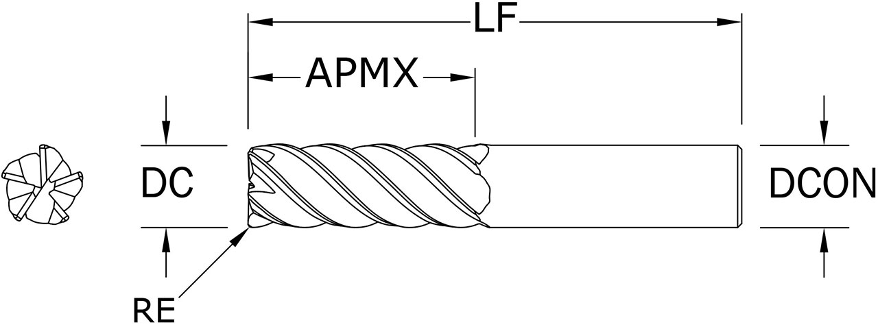 SGS 3/4" Dia, 5 Flute, Corner Radius End Mill - 32585 - Drawing 1