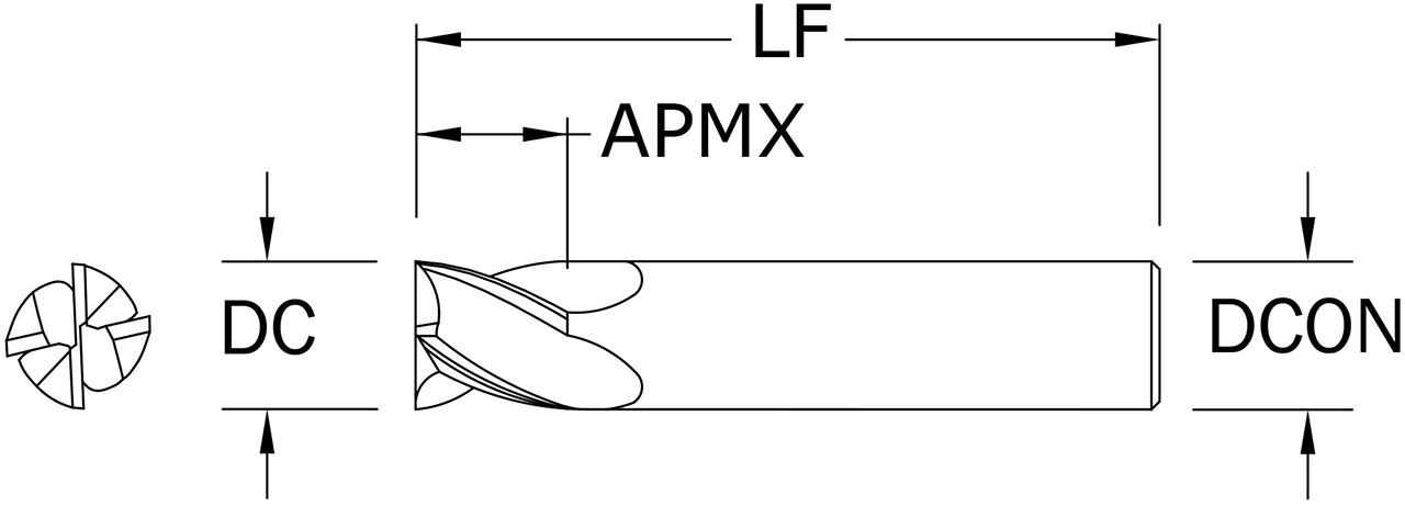 SGS 3/8" Dia, 4 Flute, Square End End Mill - 31246 - Drawing 1