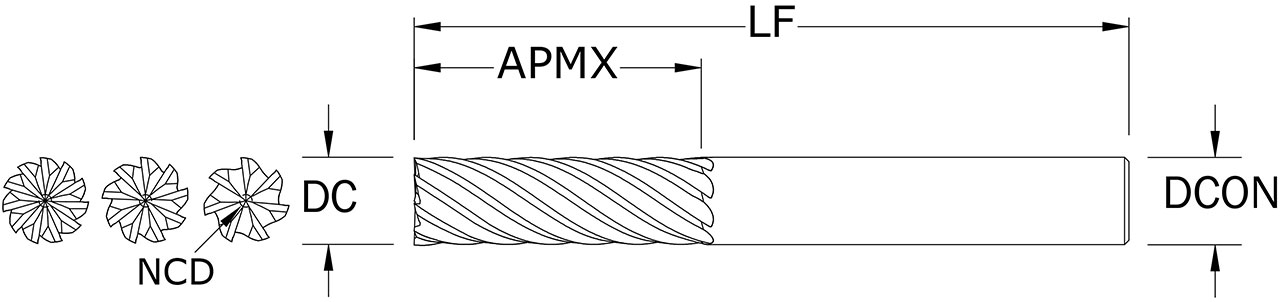 SGS 1" Dia, 11 Flute, Square End End Mill - 36626 - Drawing 1