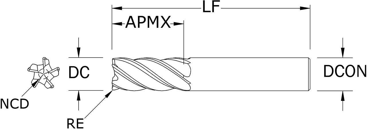 SGS 1/2" Dia, 5 Flute, Corner Radius End Mill - 37044 - Drawing 1