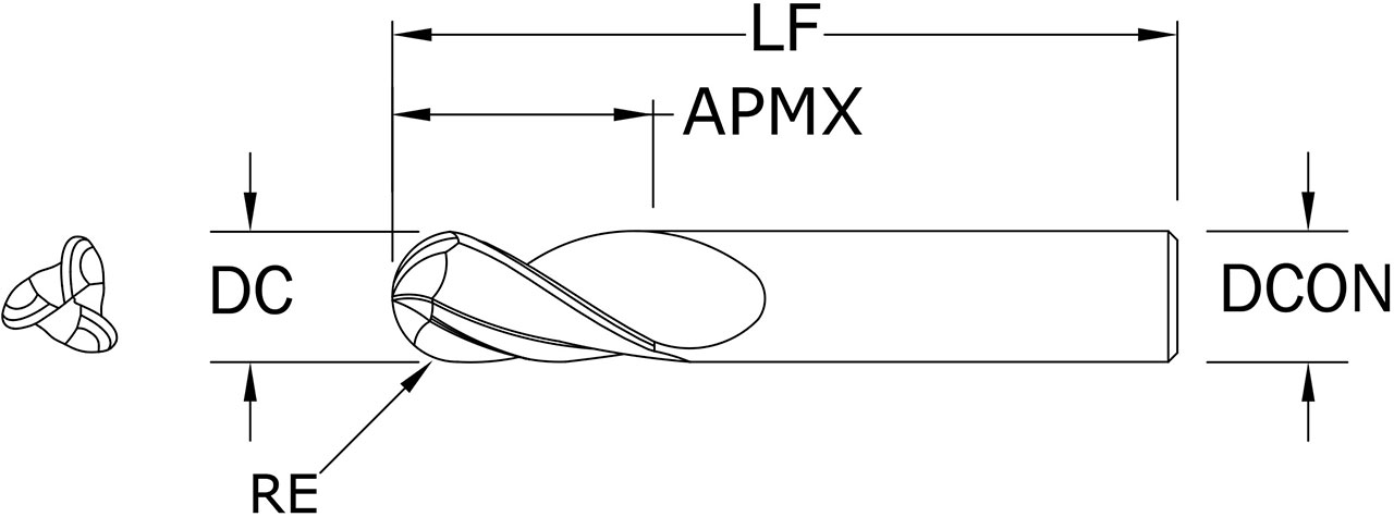 SGS 3/8" Dia, 3 Flute, Ball Nose End Mill - 31153 - Drawing 1
