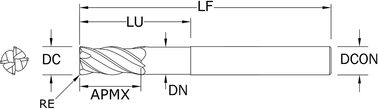 SGS 16.00mm Dia, 4 Flute, Corner Radius End Mill - 46936 - Drawing 1