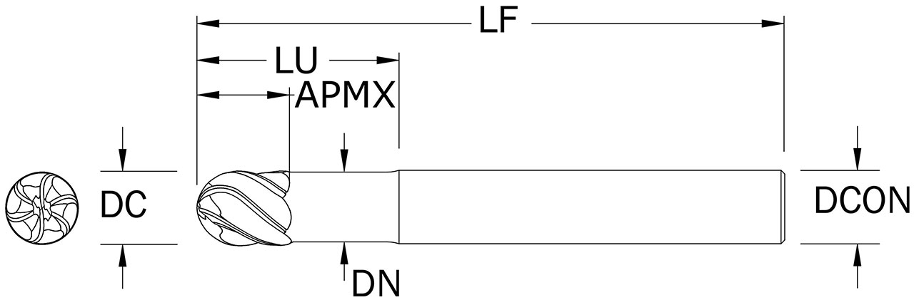 SGS 10.00mm Dia, 6 Flute, Ball Nose End Mill - 45209 - Drawing 1