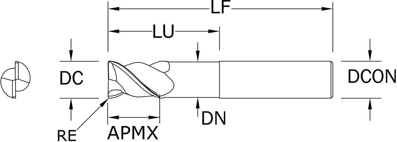 SGS 1/4" Dia, 2 Flute, Corner Radius End Mill - 91242 - Drawing 1