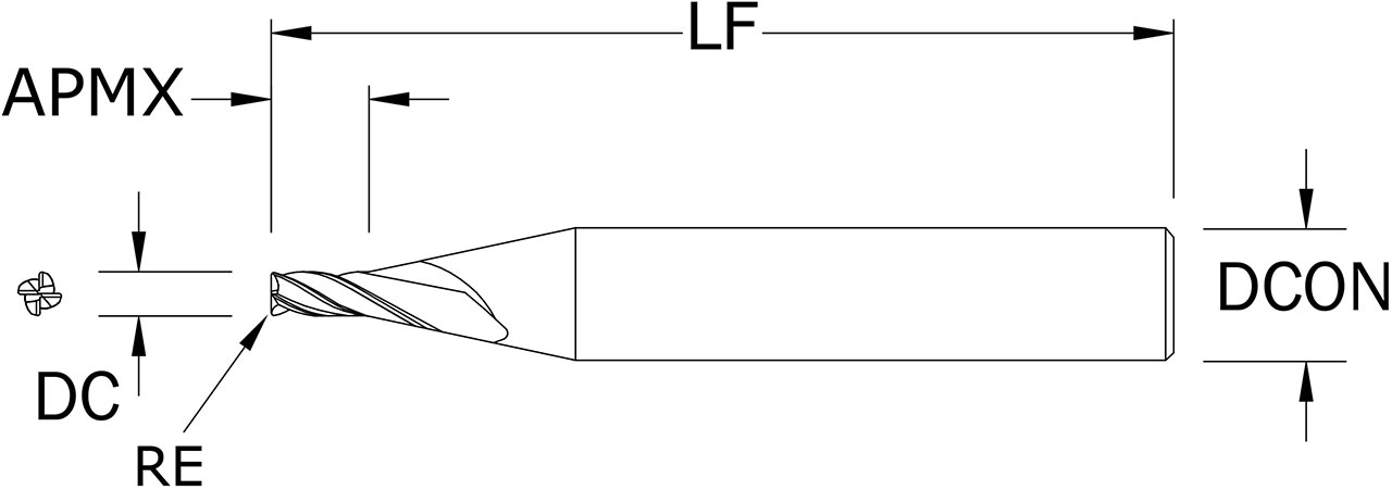 SGS 0.1000" Dia, 4 Flute, Corner Radius End Mill - 09222 - Drawing 1