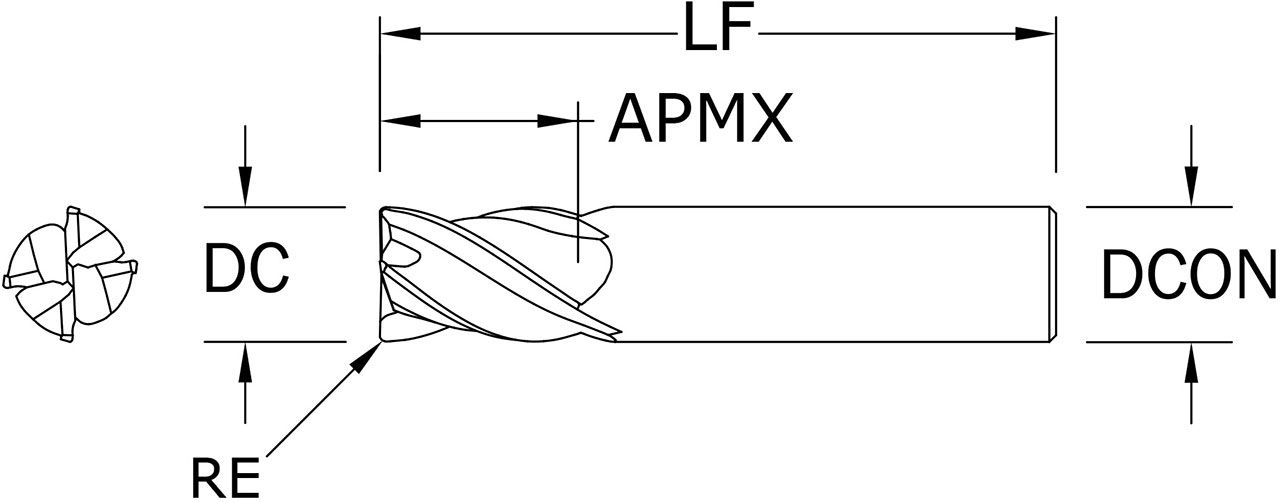 SGS 1/2" Dia, 4 Flute, Corner Radius End Mill - 36517 - Drawing 1