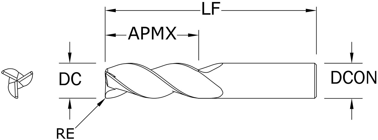 SGS 3/4" Dia, 3 Flute, Corner Radius End Mill - 35727 - Drawing 1
