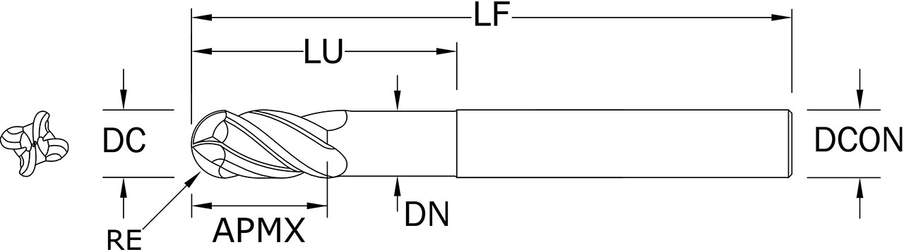 SGS 1" Dia, 4 Flute, Ball Nose End Mill - 36504 - Drawing 1