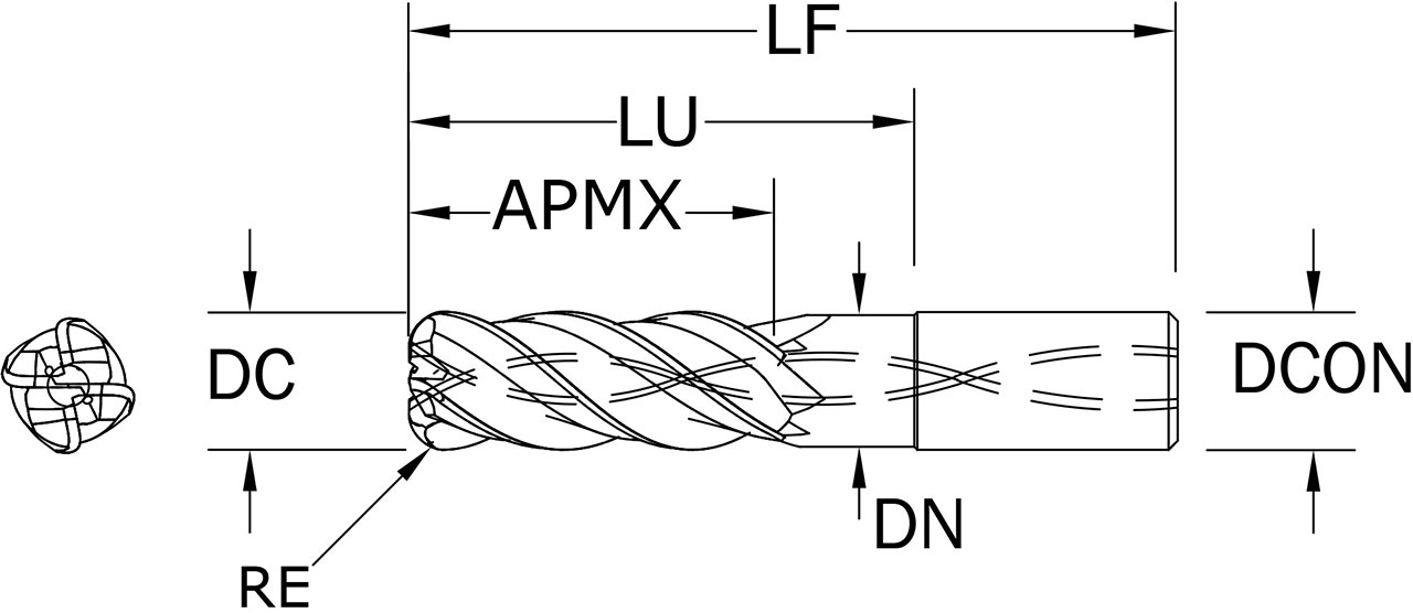 SGS 12.00mm Dia, 4 Flute, Corner Radius End Mill - 44749 - Drawing 1