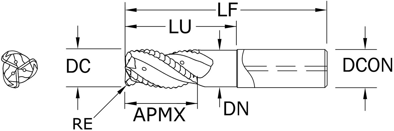 SGS 20.00mm Dia, 3 Flute, Chip Breaker Corner Radius End Mill - 44994 - Drawing 1
