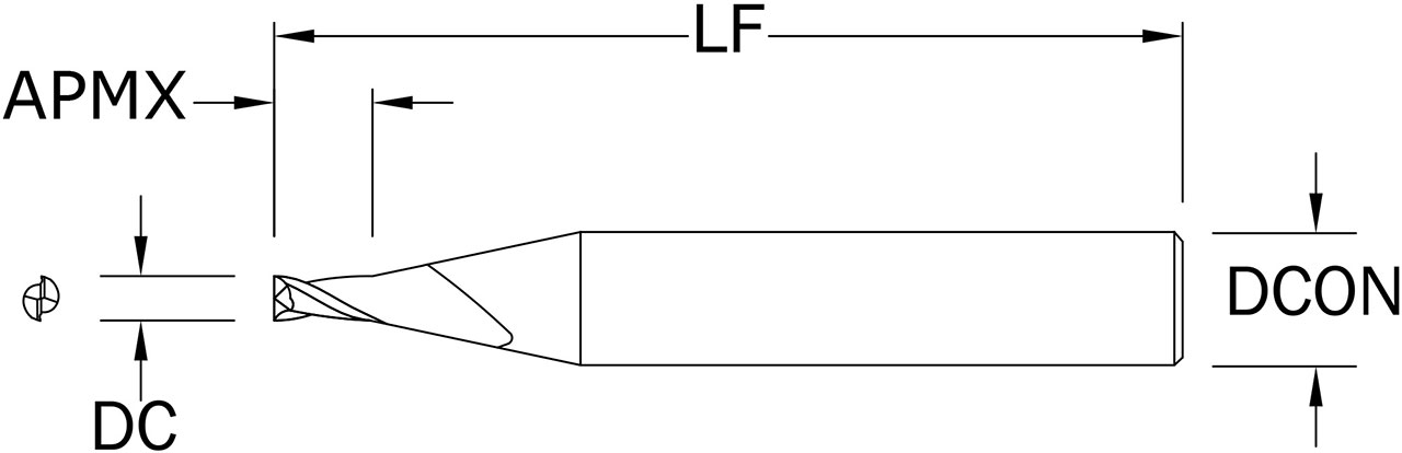 SGS 0.60mm Dia, 2 Flute, Square End End Mill - 02805 - Drawing 1