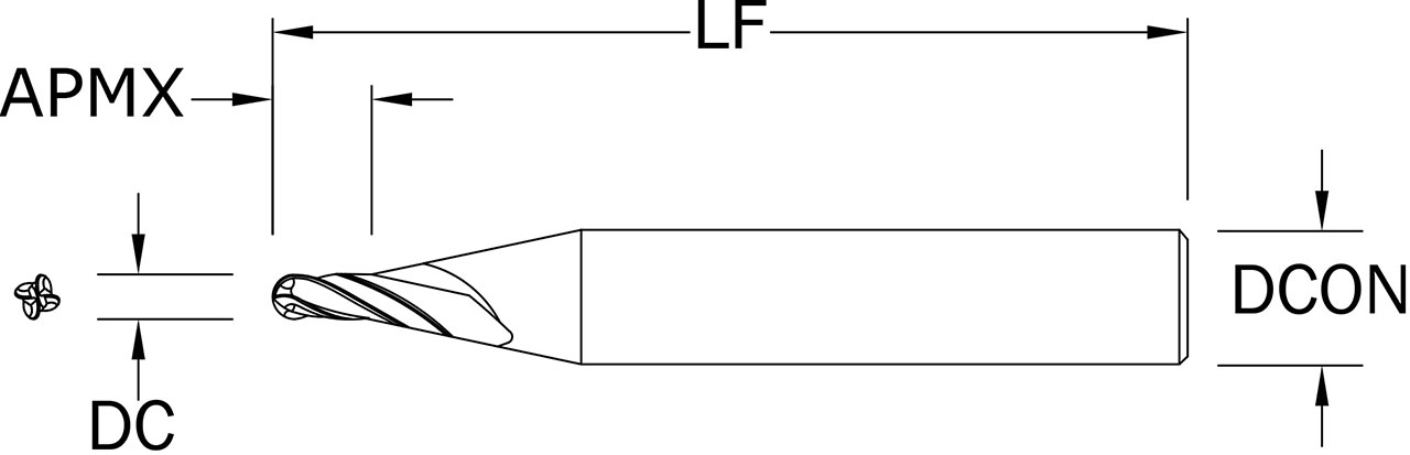 SGS 0.50mm Dia, 4 Flute, Ball Nose End Mill - 05032 - Drawing 1