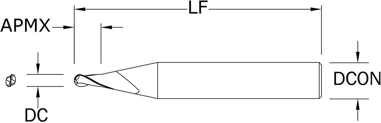 SGS 1.00mm Dia, 2 Flute, Ball Nose End Mill - 02849 - Drawing 1