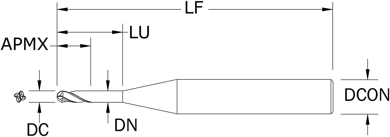 SGS 0.70mm Dia, 4 Flute, Ball Nose End Mill - 05049 - Drawing 1