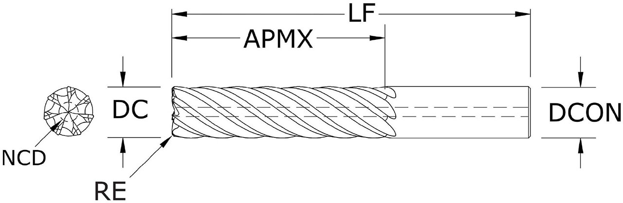 SGS 3/4" Dia, 7 Flute, Corner Radius End Mill - 77437 - Drawing 1