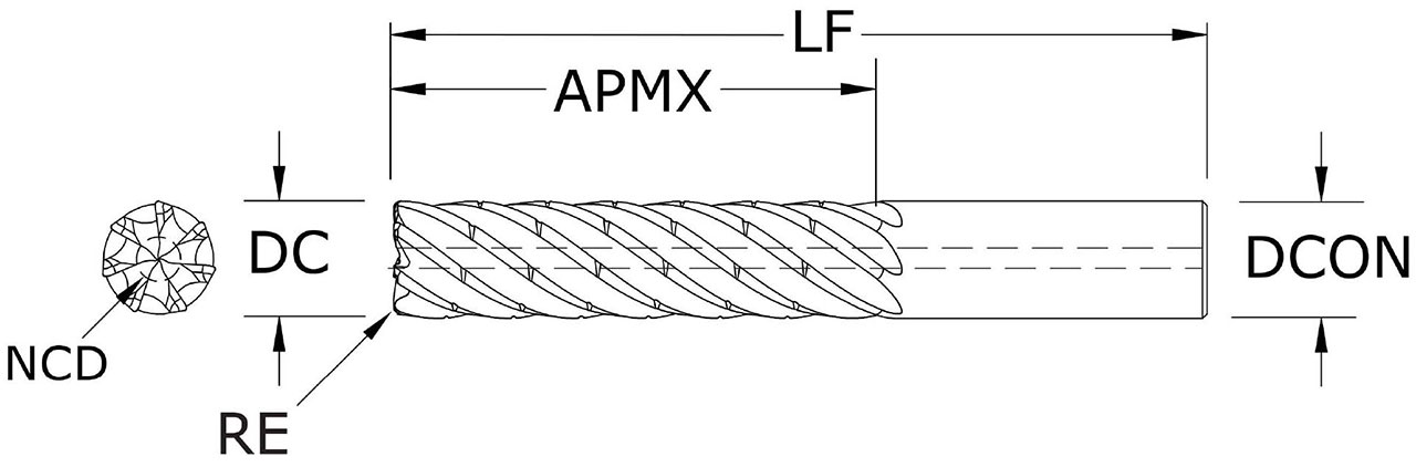 SGS 12.00mm Dia, 7 Flute, Chip Breaker Corner Radius End Mill - 74703 - Drawing 1
