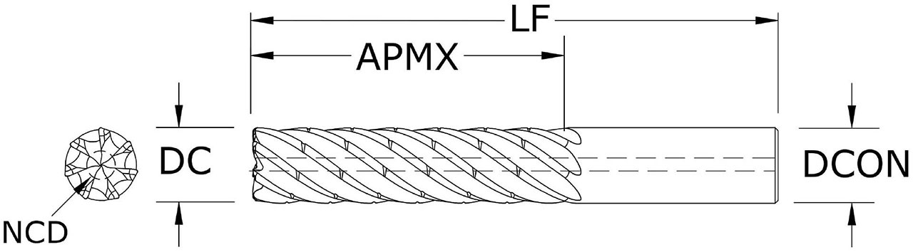 SGS 12.00mm Dia, 7 Flute, Chip Breaker Square End Mill - 74715 - Drawing 1