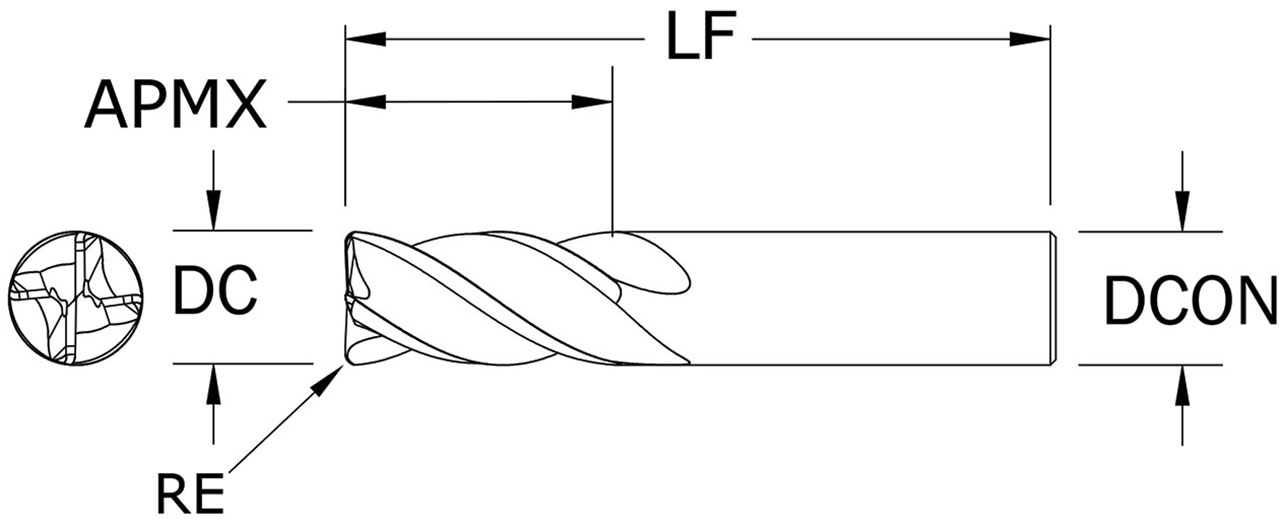 SGS 14.00mm Dia, 4 Flute, Corner Radius End Mill - 47835 - Drawing 1