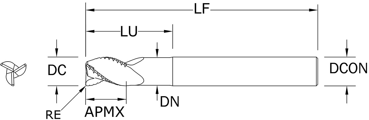 SGS 1/2" Dia, 3 Flute, Chip Breaker Corner Radius End Mill - 33553 - Drawing 1