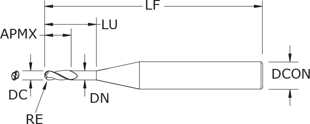SGS 0.0620" Dia, 2 Flute, Ball Nose End Mill - 03737 - Drawing 1