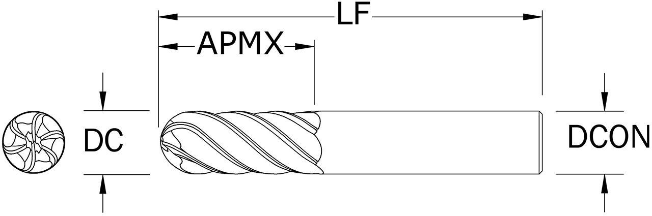 SGS 1/4" Dia, 6 Flute, Ball Nose End Mill - 35220 - Drawing 1