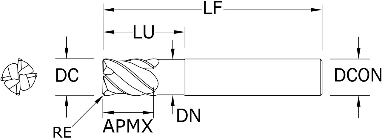 SGS 3/4" Dia, 4 Flute, Corner Radius End Mill - 36793 - Drawing 1