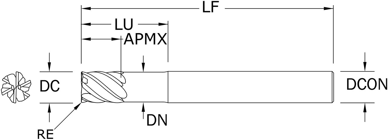 SGS 1/2" Dia, 6 Flute, Corner Radius End Mill - 35132 - Drawing 1