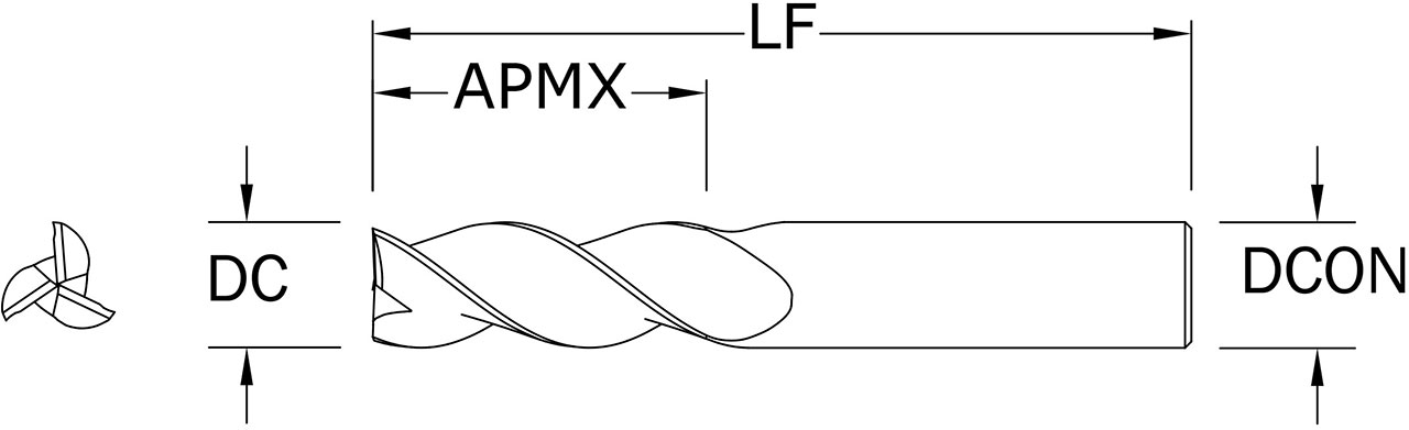 SGS 1/2" Dia, 3 Flute, Square End End Mill - 34867 - Drawing 1