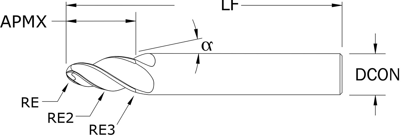 SGS 3.00mm x 8.00mm Dia, 3 Flute, Tapered (Circle Segment) End Mill - 45720 - Drawing 1