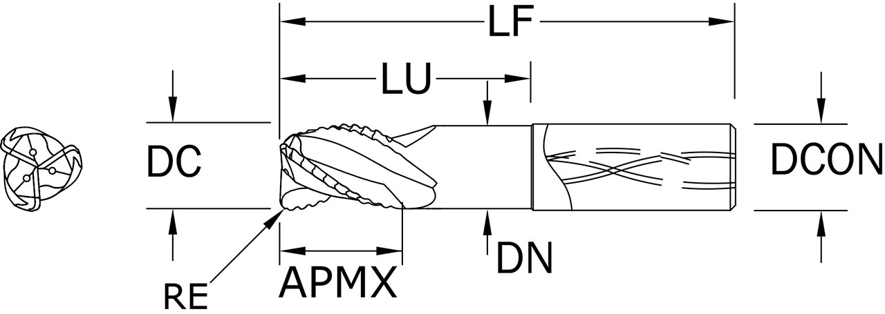 SGS 3/4" Dia, 3 Flute, Chip Breaker Corner Radius End Mill - 34005 - Drawing 1