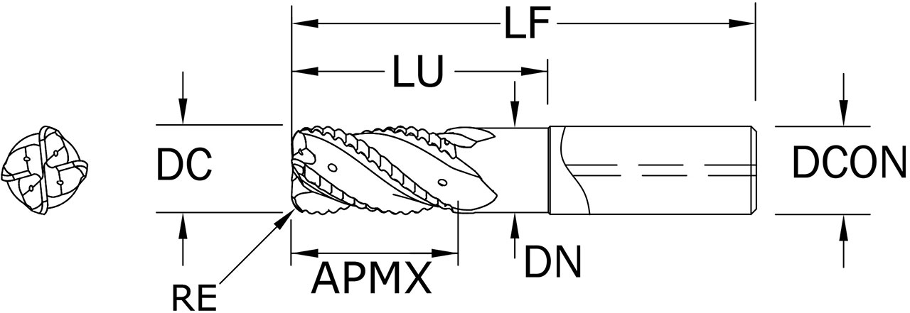 SGS 20.00mm Dia, 4 Flute, Chip Breaker Corner Radius End Mill - 45012 - Drawing 1