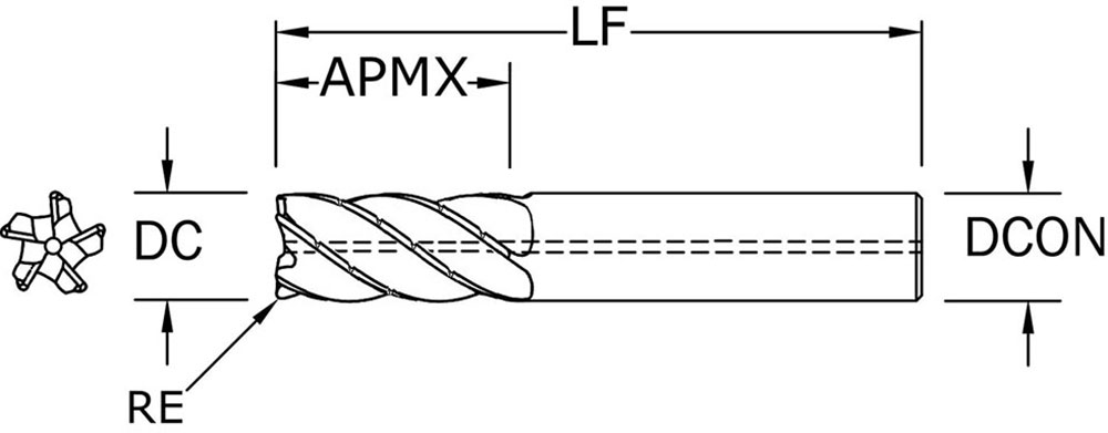 SGS 1" Dia, 5 Flute, Chip Breaker Corner Radius End Mill - 37701 - Drawing 1