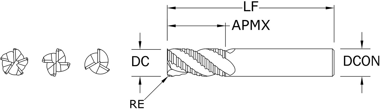 SGS 8.00mm Dia, 3 Flute, Chip Breaker Corner Radius End Mill - 46109 - Drawing 1