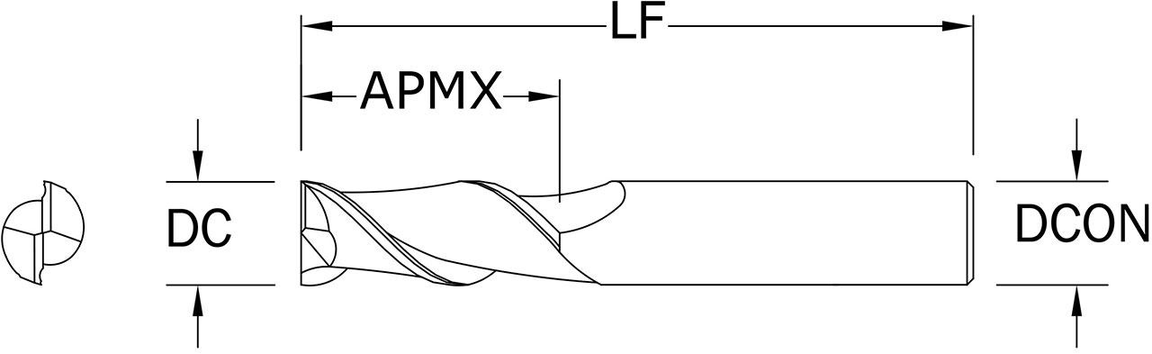 SGS 1/2" Dia, 2 Flute, Square End End Mill - 32040 - Drawing 1