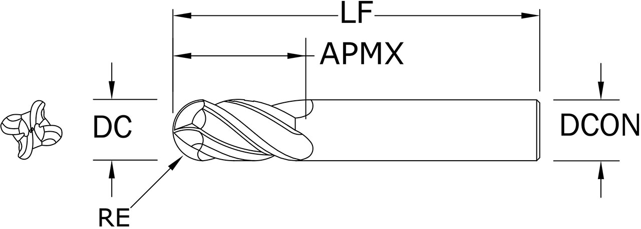 SGS 1" Dia, 4 Flute, Ball Nose End Mill - 36352 - Drawing 1