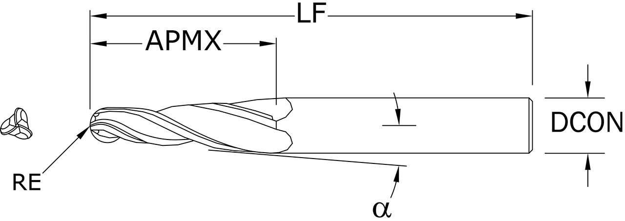 SGS 3/16" Dia, 3 Flute, Tapered (Ball) End Mill - 32416 - Drawing 1