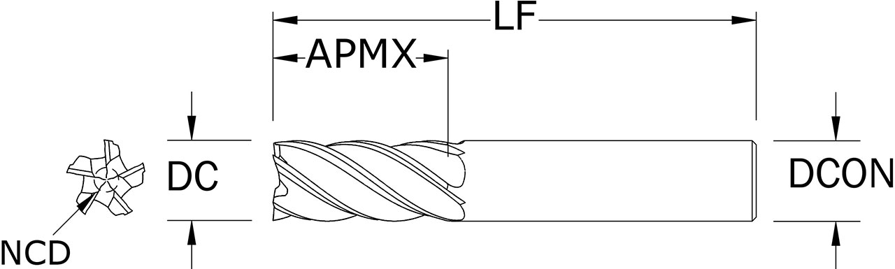SGS 1" Dia, 5 Flute, Square End End Mill - 37214 - Drawing 1