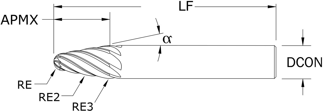SGS 8.00mm x 16.00mm Dia, 8 Flute, Tapered (Circle Segment) End Mill - 45711 - Drawing 1