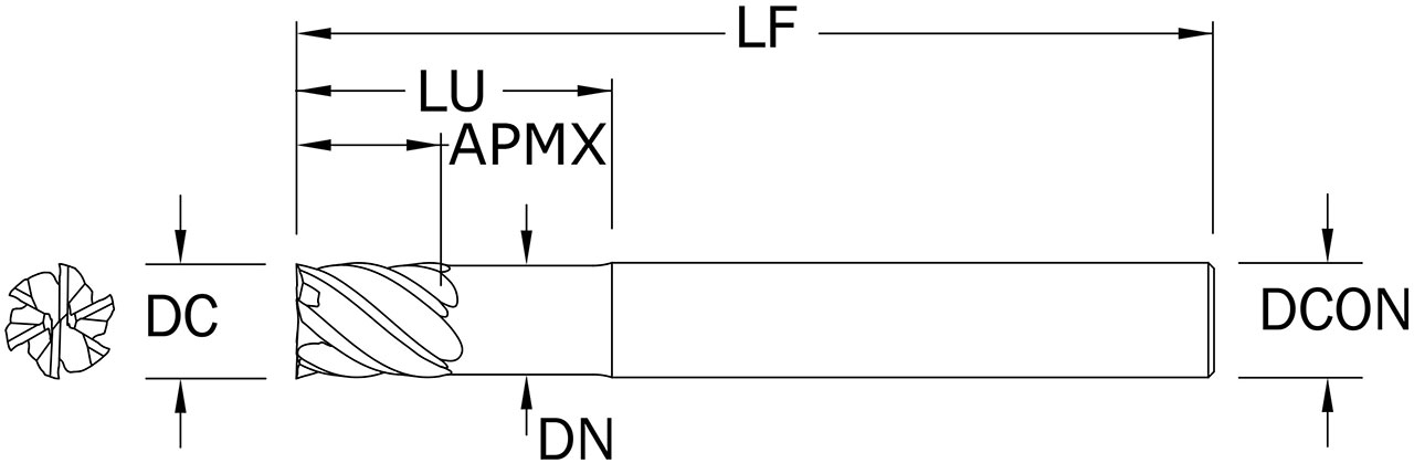 SGS 1/2" Dia, 6 Flute, Square End End Mill - 35108 - Drawing 1