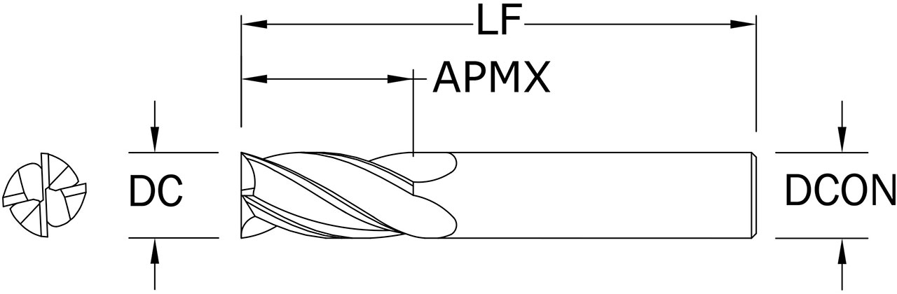 SGS 5/8" Dia, 4 Flute, Square End End Mill - 30024 - Drawing 1