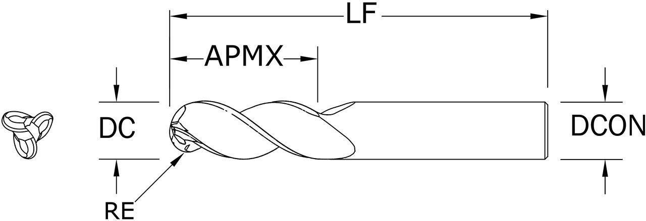 SGS 1/2" Dia, 3 Flute, Ball Nose End Mill - 34922 - Drawing 1