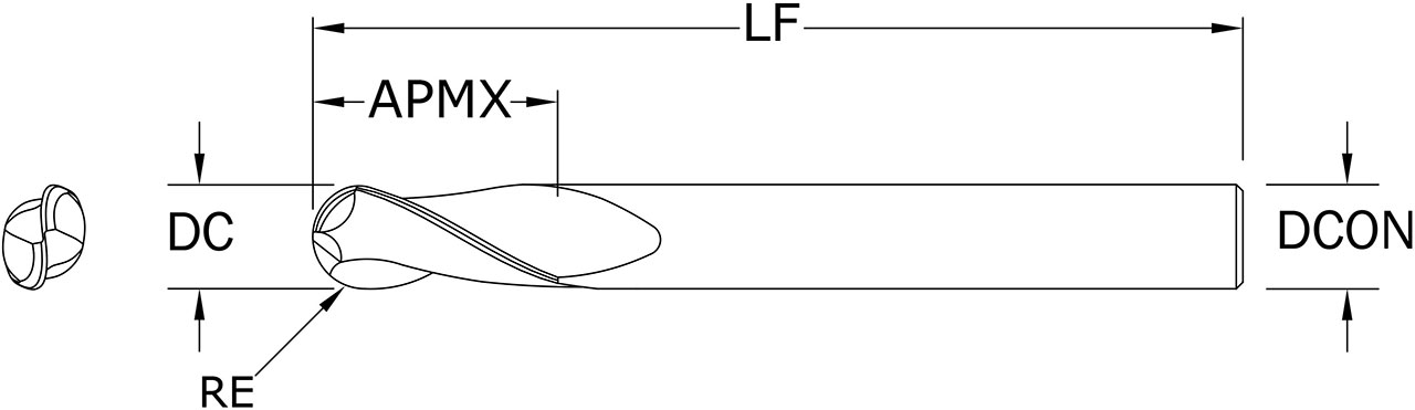 SGS 10.00mm Dia, 2 Flute, Ball Nose End Mill - 43904 - Drawing 1