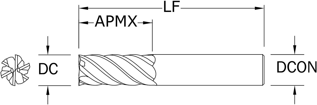 SGS 1/2" Dia, 6 Flute, Square End End Mill - 35102 - Drawing 1