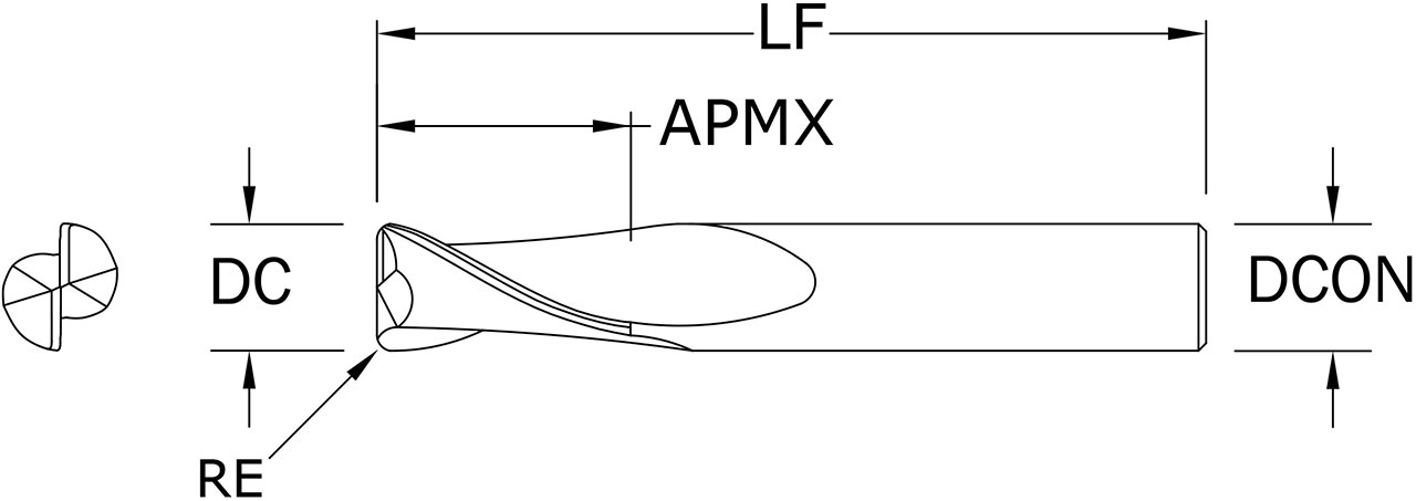 SGS 1" Dia, 2 Flute, Corner Radius End Mill - 38307 - Drawing 1