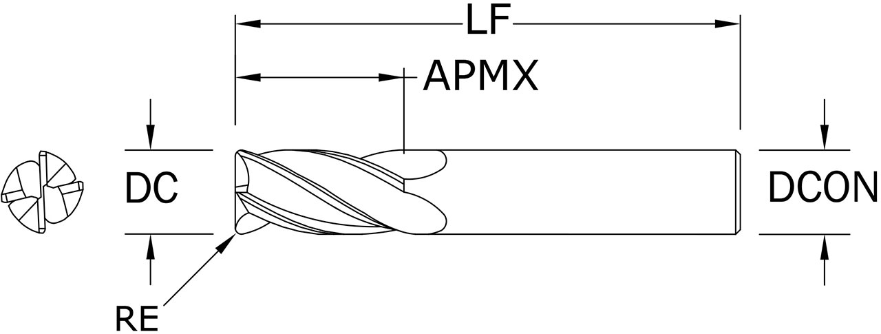 SGS 1/8" Dia, 4 Flute, Corner Radius End Mill - 38157 - Drawing 1