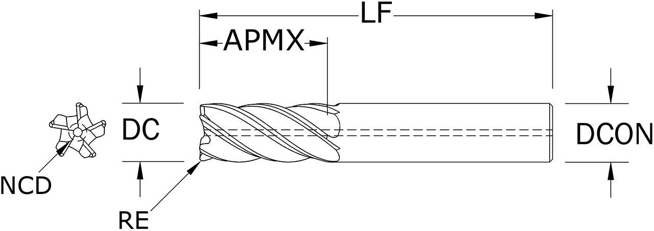 SGS 1" Dia, 5 Flute, Corner Radius End Mill - 38647 - Drawing 1