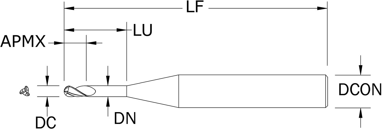 SGS 0.0100" Dia, 3 Flute, Ball Nose End Mill - 09412 - Drawing 1