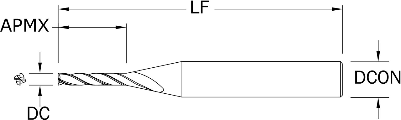 SGS 0.1150" Dia, 4 Flute, Square End End Mill - 00609 - Drawing 1