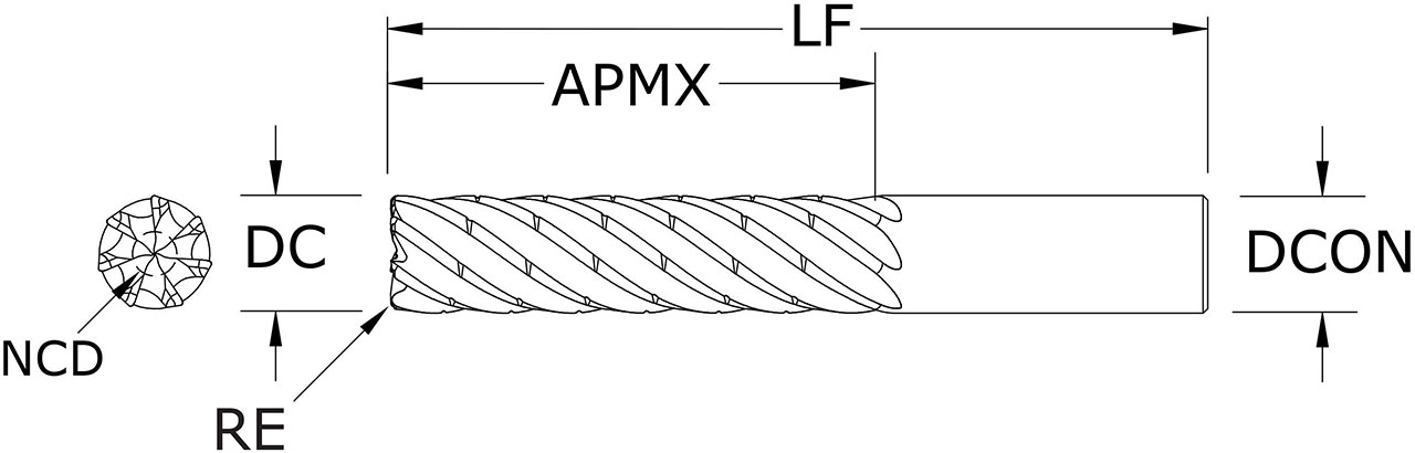 SGS 5/8" Dia, 7 Flute, Chip Breaker Corner Radius End Mill - 77215 - Drawing 1