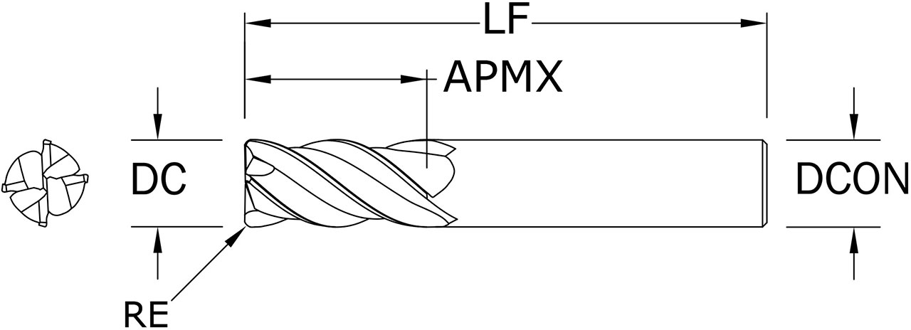SGS 12.00mm Dia, 4 Flute, Corner Radius End Mill - 46475 - Drawing 1